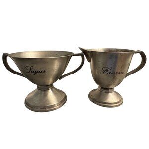 Vintage Silver-Plated Sugar & Creamer Set Engraved With "Sugar" & "Cream" On Ped
